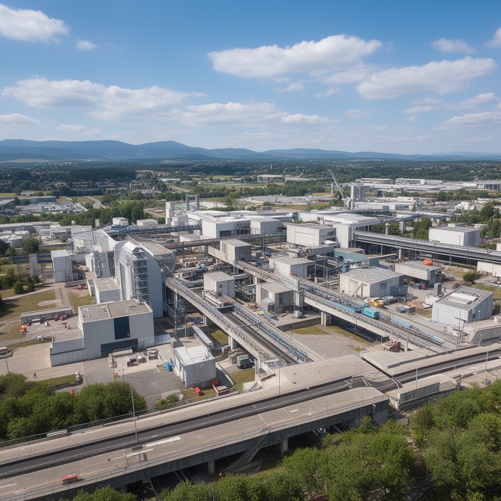 AI-generated illustration of CERN Prevessin–Meyrin site