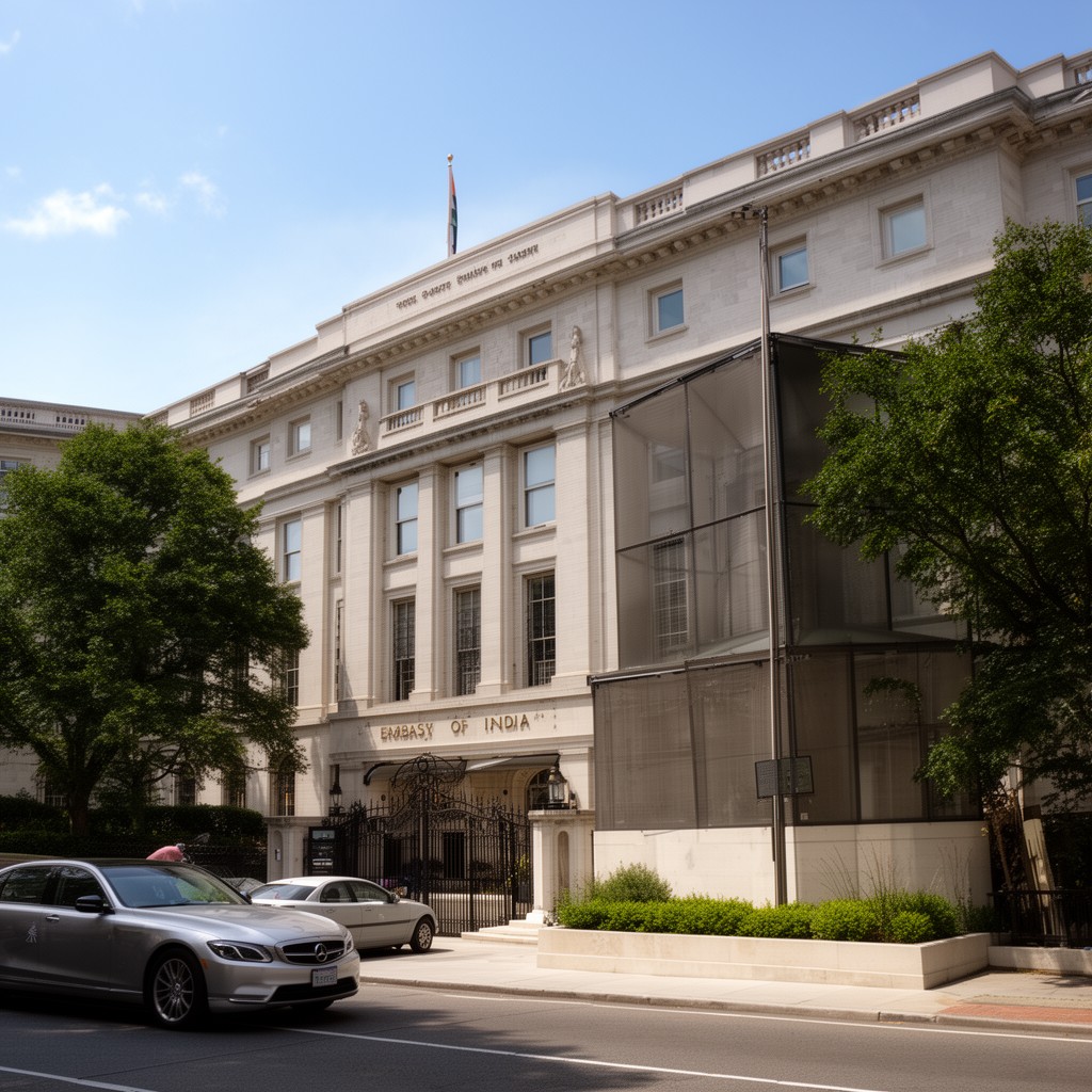 AI-generated illustration of Embassy of India in Washington, D.C.