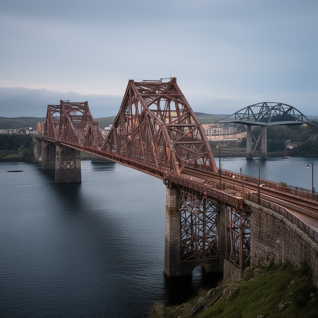 AI-generated illustration of Forth Bridge (rail, north end)