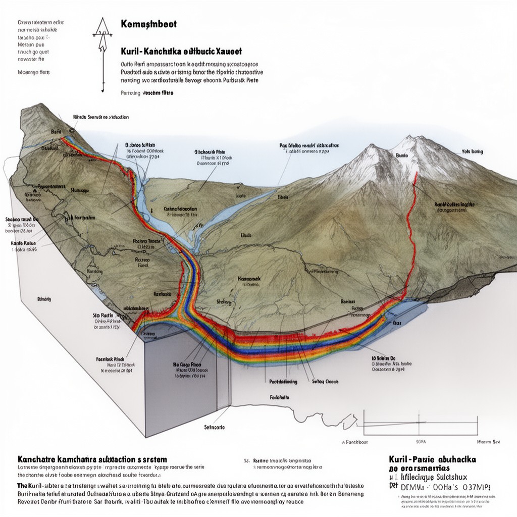 AI-generated illustration of Kuril–Kamchatka subduction system