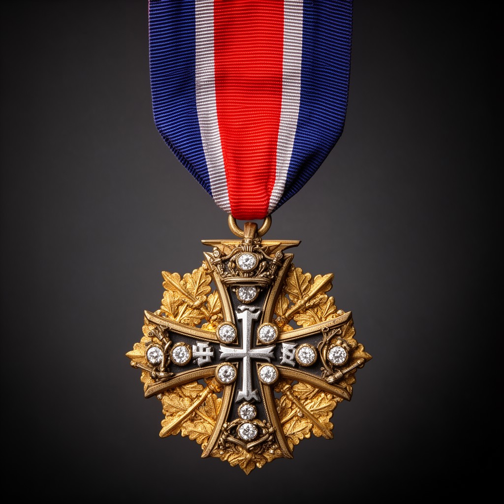 AI-generated illustration of Knight's Cross of the Iron Cross with Golden Oak Leaves, Swords and Diamonds