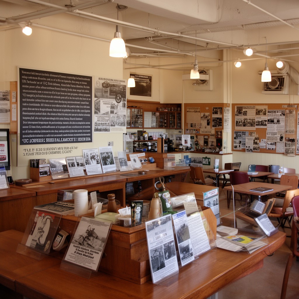 AI-generated illustration of Free Speech Movement Café at UC Berkeley