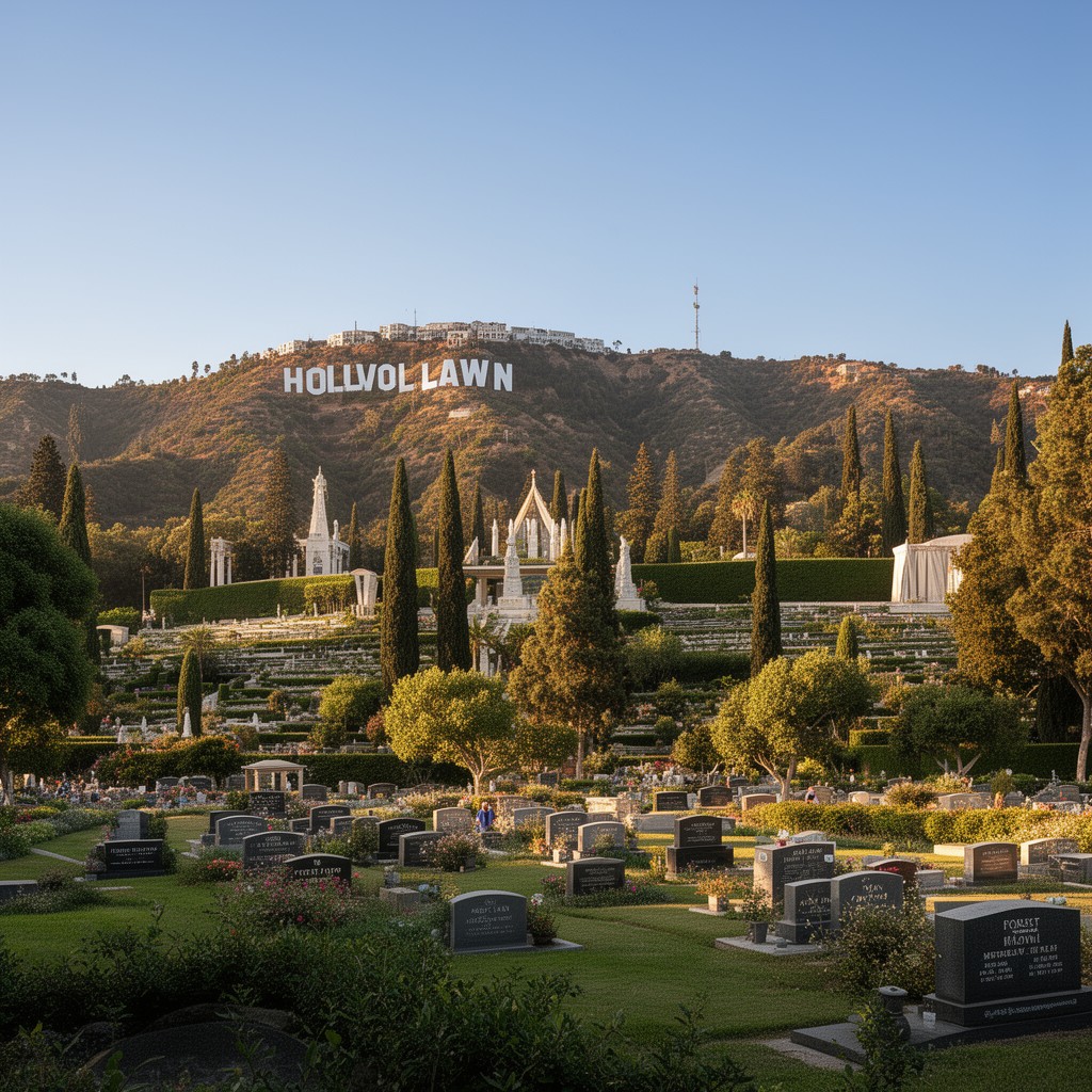 AI-generated illustration of Forest Lawn Memorial Park, Hollywood Hills, Los Angeles
