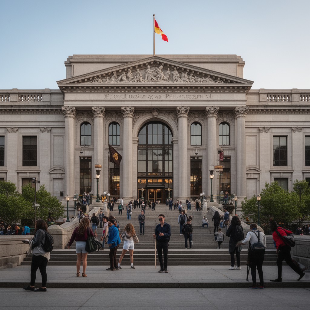 AI-generated illustration of Free Library of Philadelphia Parkway Central Library
