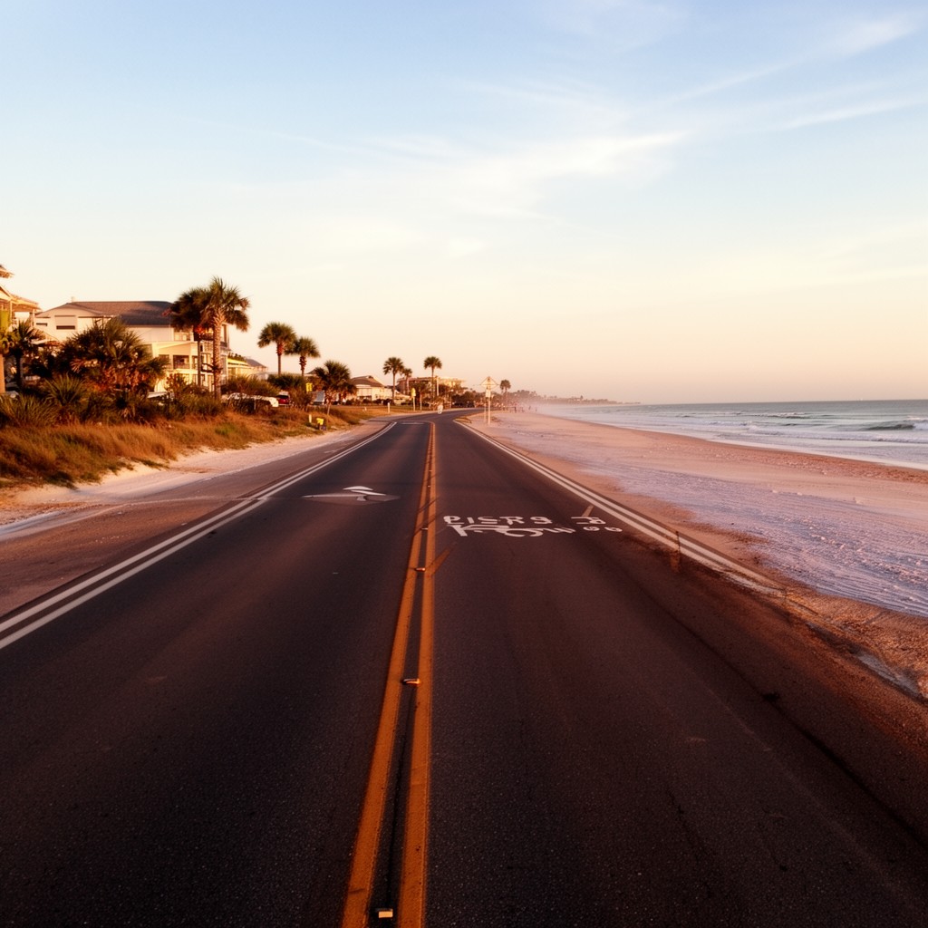 AI-generated illustration of State Road 30A (historic designation) in coastal area