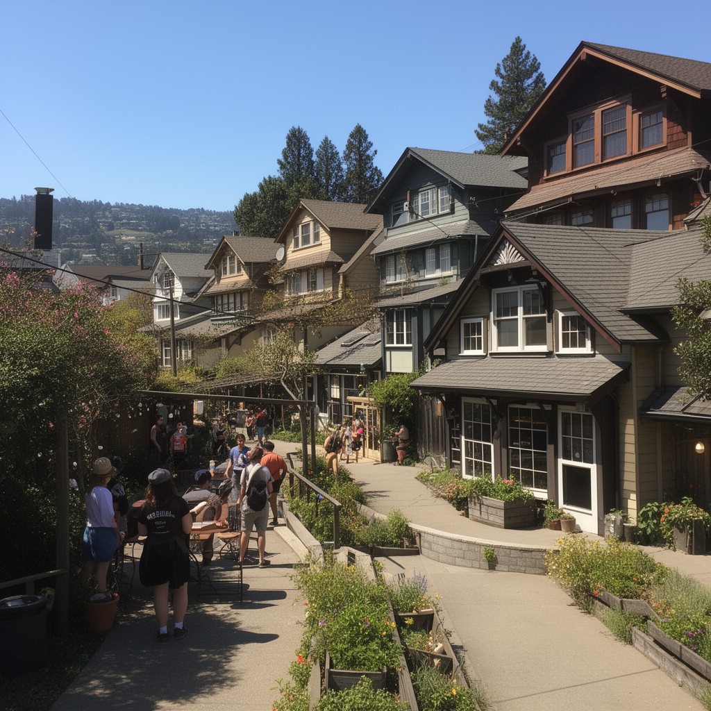 AI-generated illustration of Berkeley Student Cooperative houses