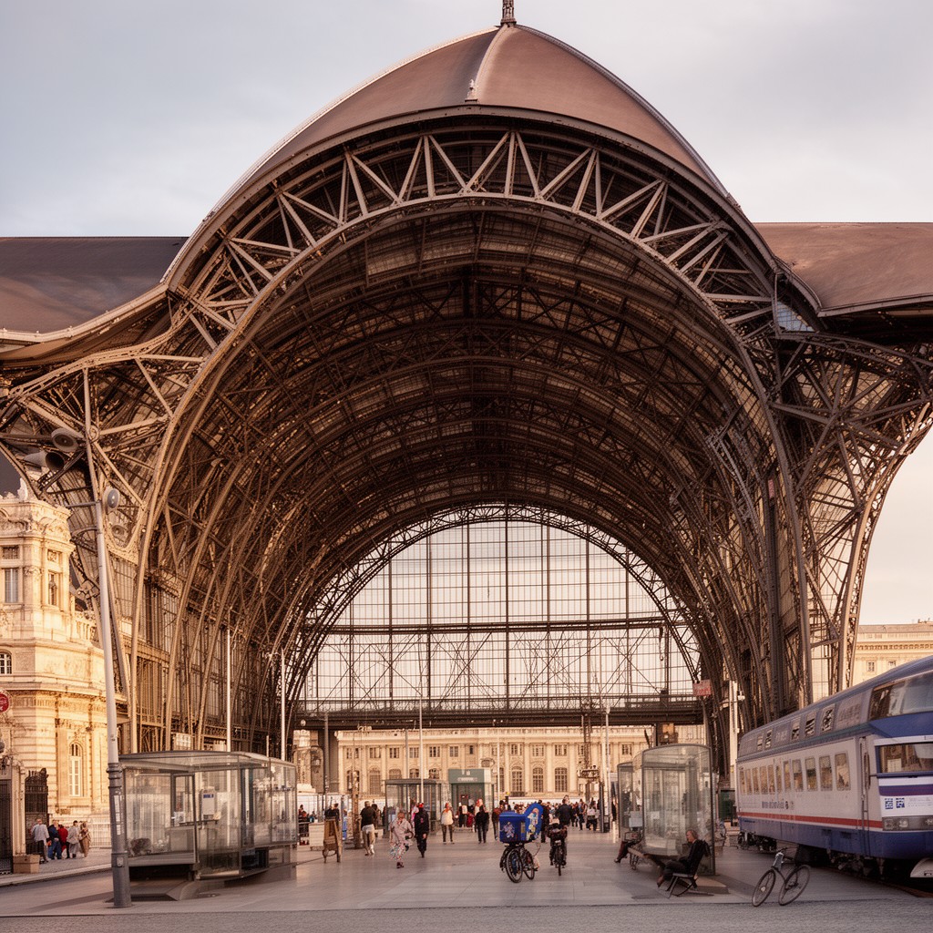 AI-generated illustration of Budapest Nyugati railway station (iron structure)
