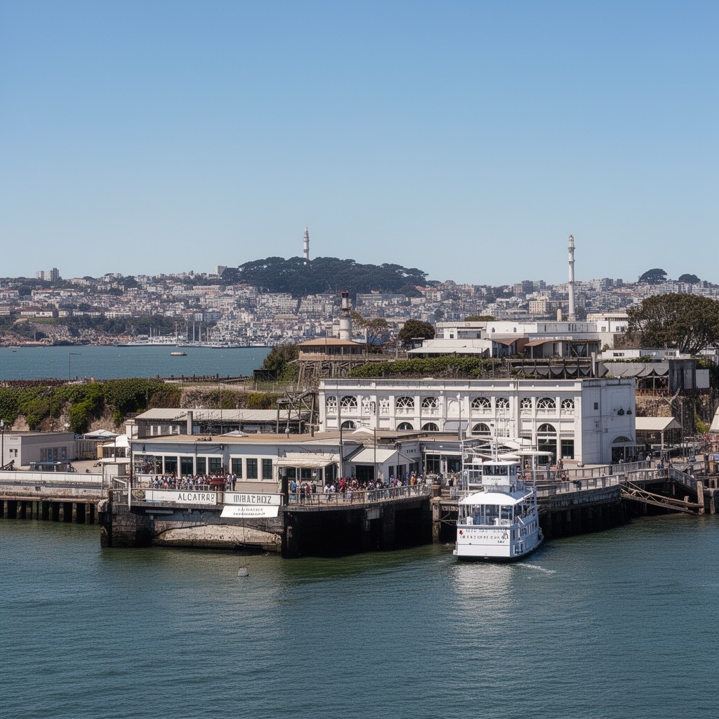 AI-generated illustration of Alcatraz Island ferry terminal