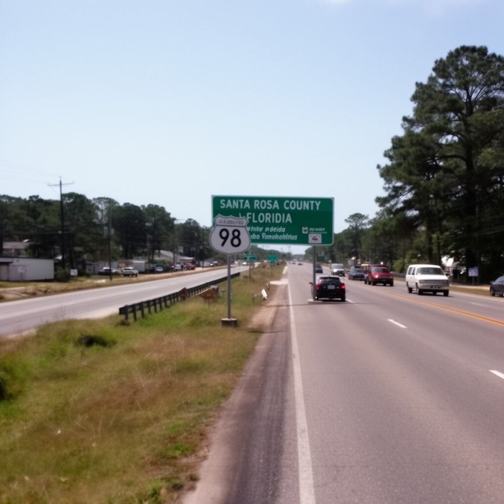 AI-generated illustration of U.S. Route 98 in Santa Rosa County, Florida