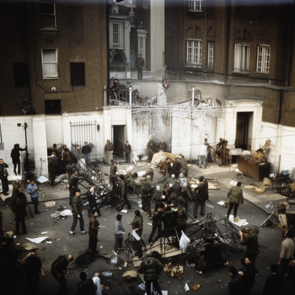 AI-generated illustration of Iranian Embassy siege