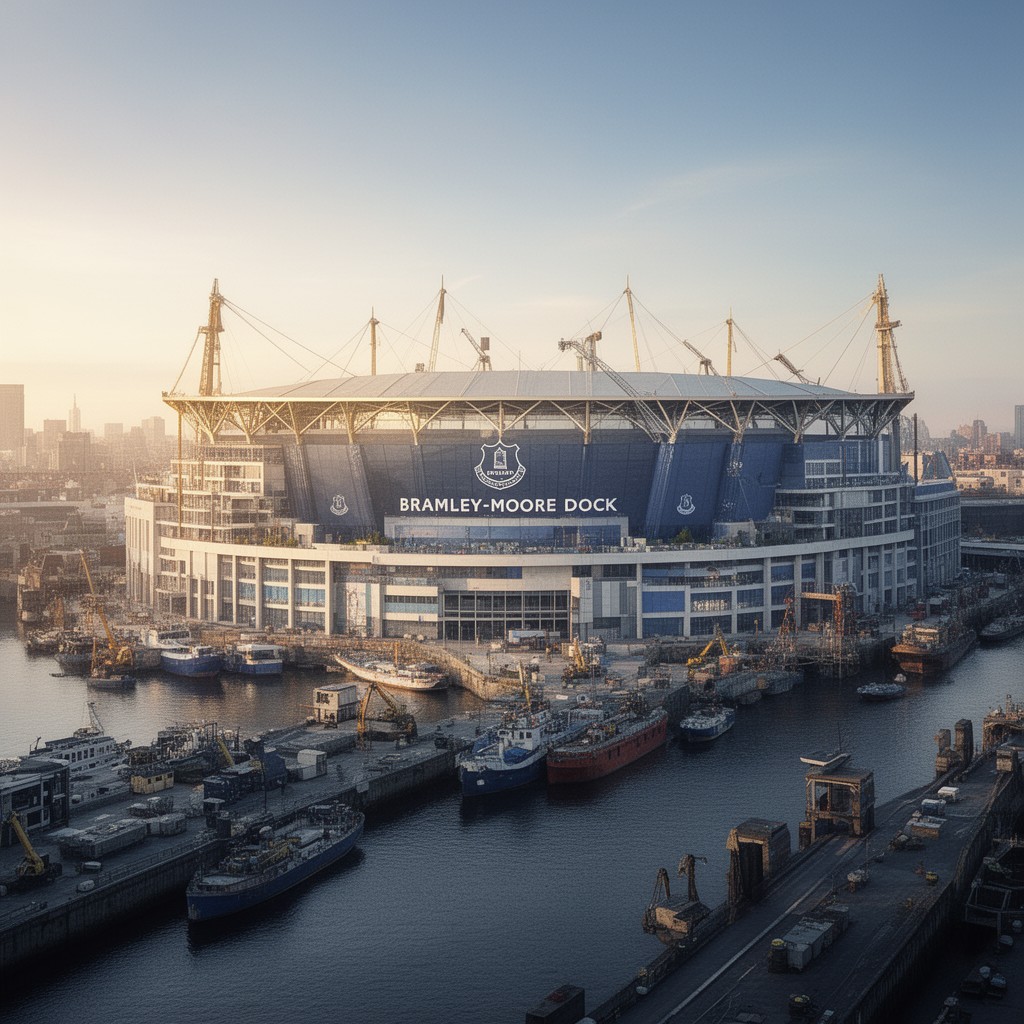 AI-generated illustration of Bramley-Moore Dock stadium development
