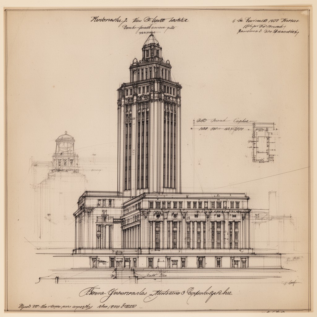 AI-generated illustration of Nebraska State Capitol design (initial design and plan)
