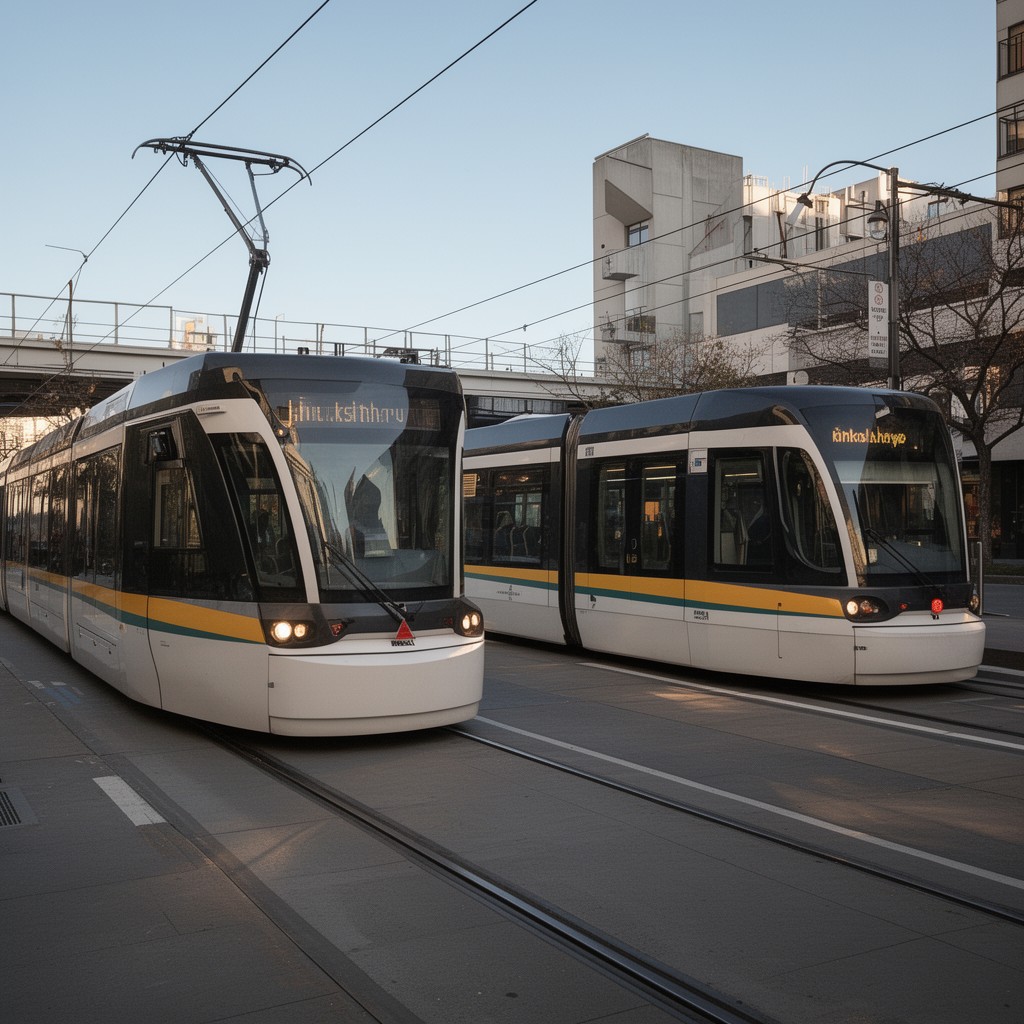 AI-generated illustration of Kinkisharyo light rail vehicles
