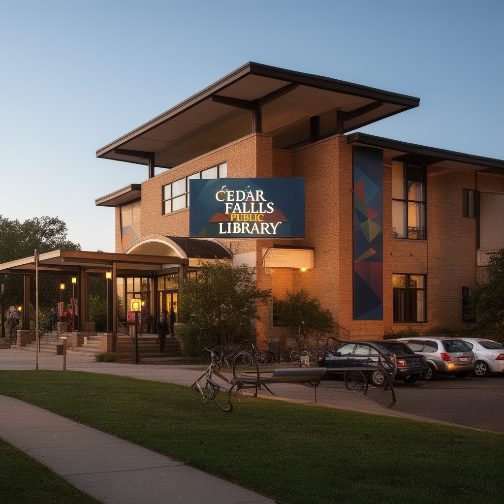 AI-generated illustration of Cedar Falls Public Library