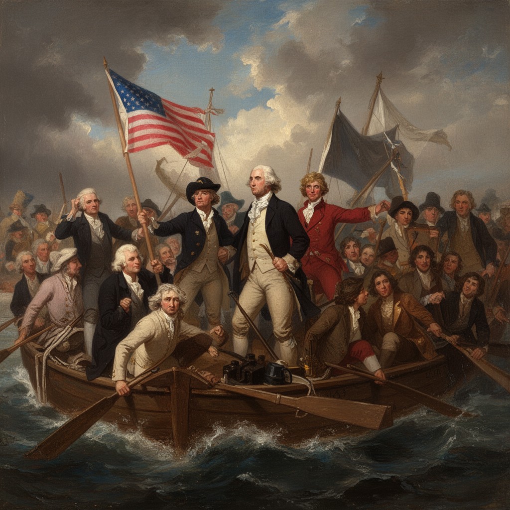 AI-generated illustration of Washington Crossing the Delaware by Emanuel Leutze
