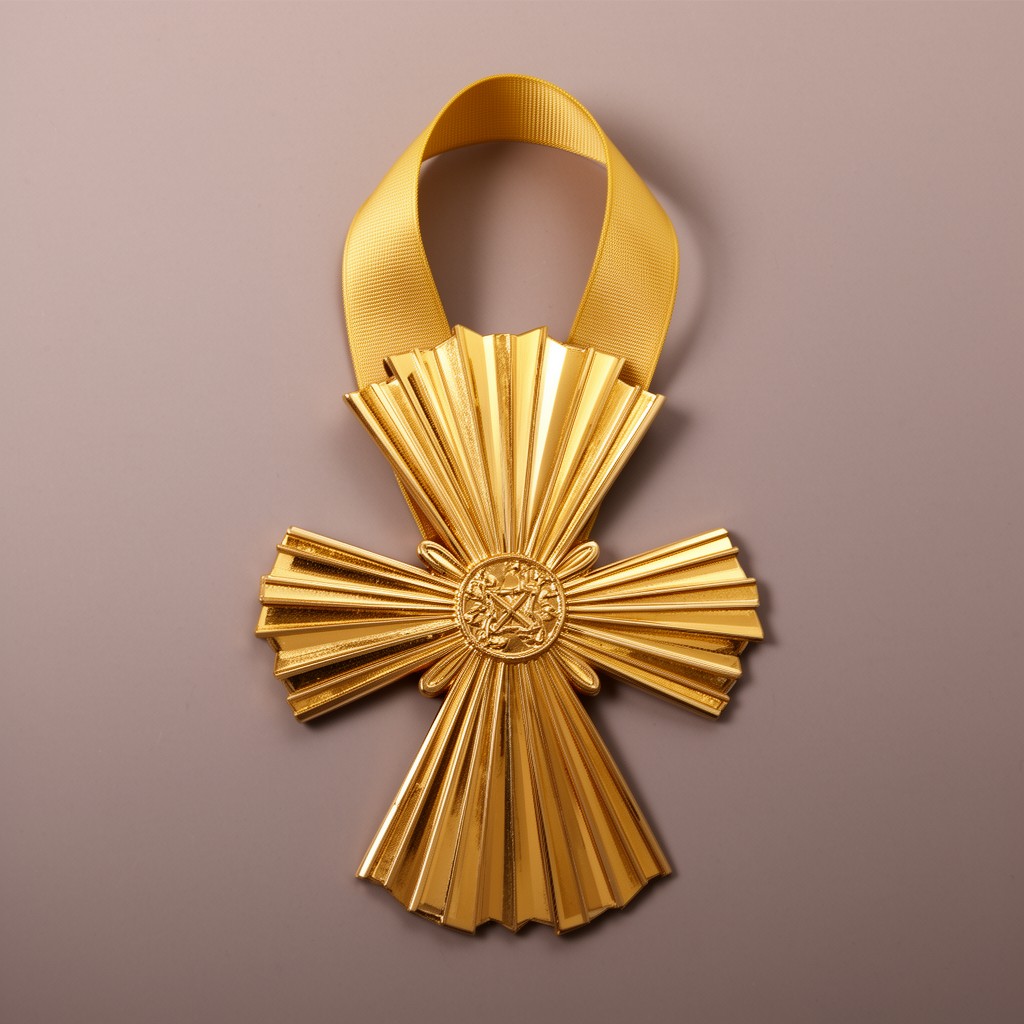 AI-generated illustration of Gold Rays with Neck Ribbon