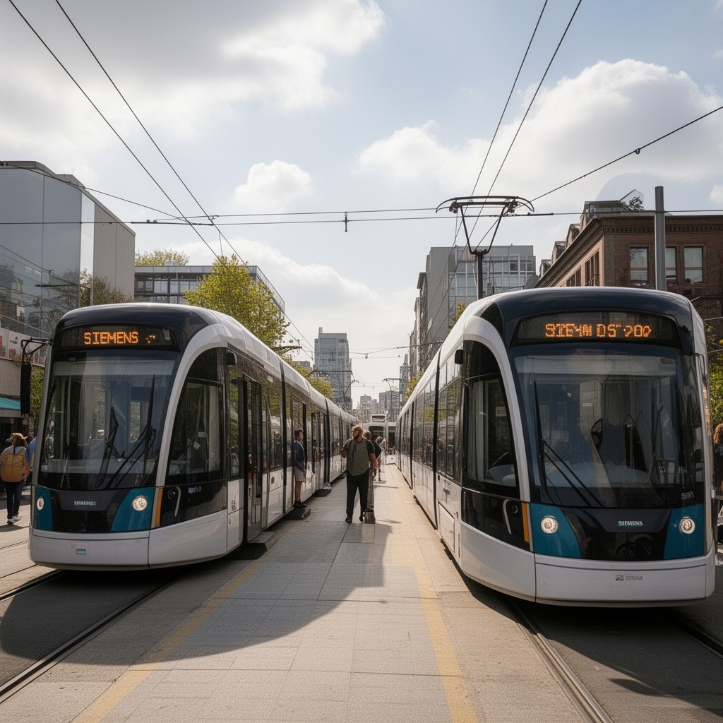AI-generated illustration of Siemens S700 light rail vehicles