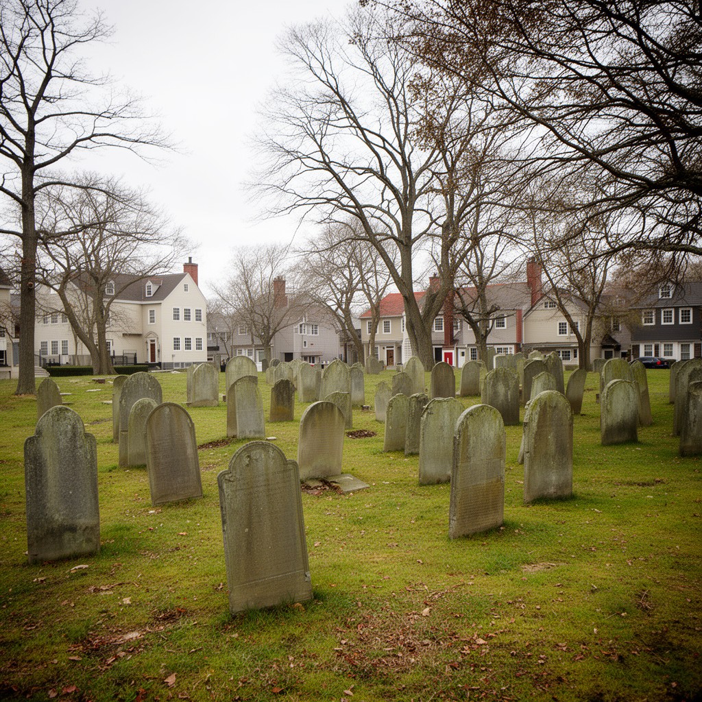 AI-generated illustration of Burial Hill, Plymouth, Massachusetts Bay Colony