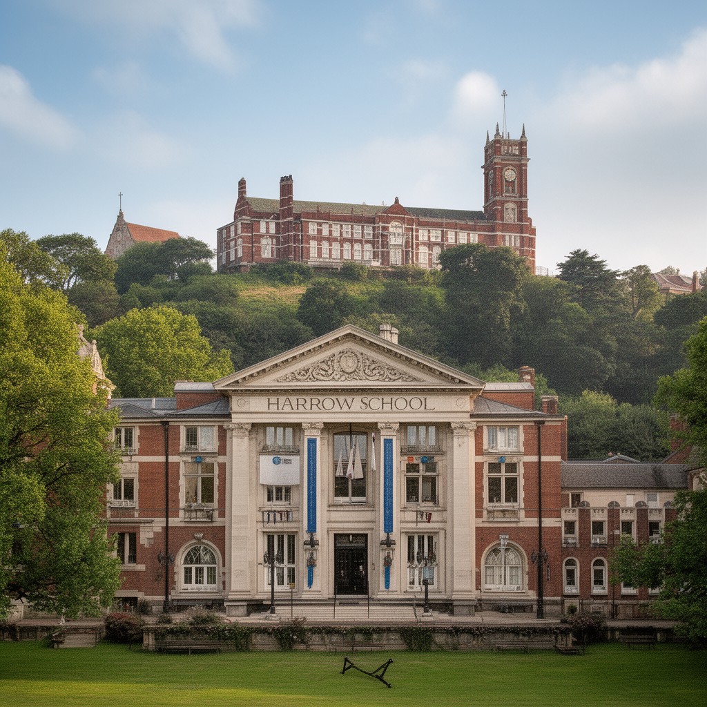 AI-generated illustration of Harrow School War Memorial Building (visible on the hill)