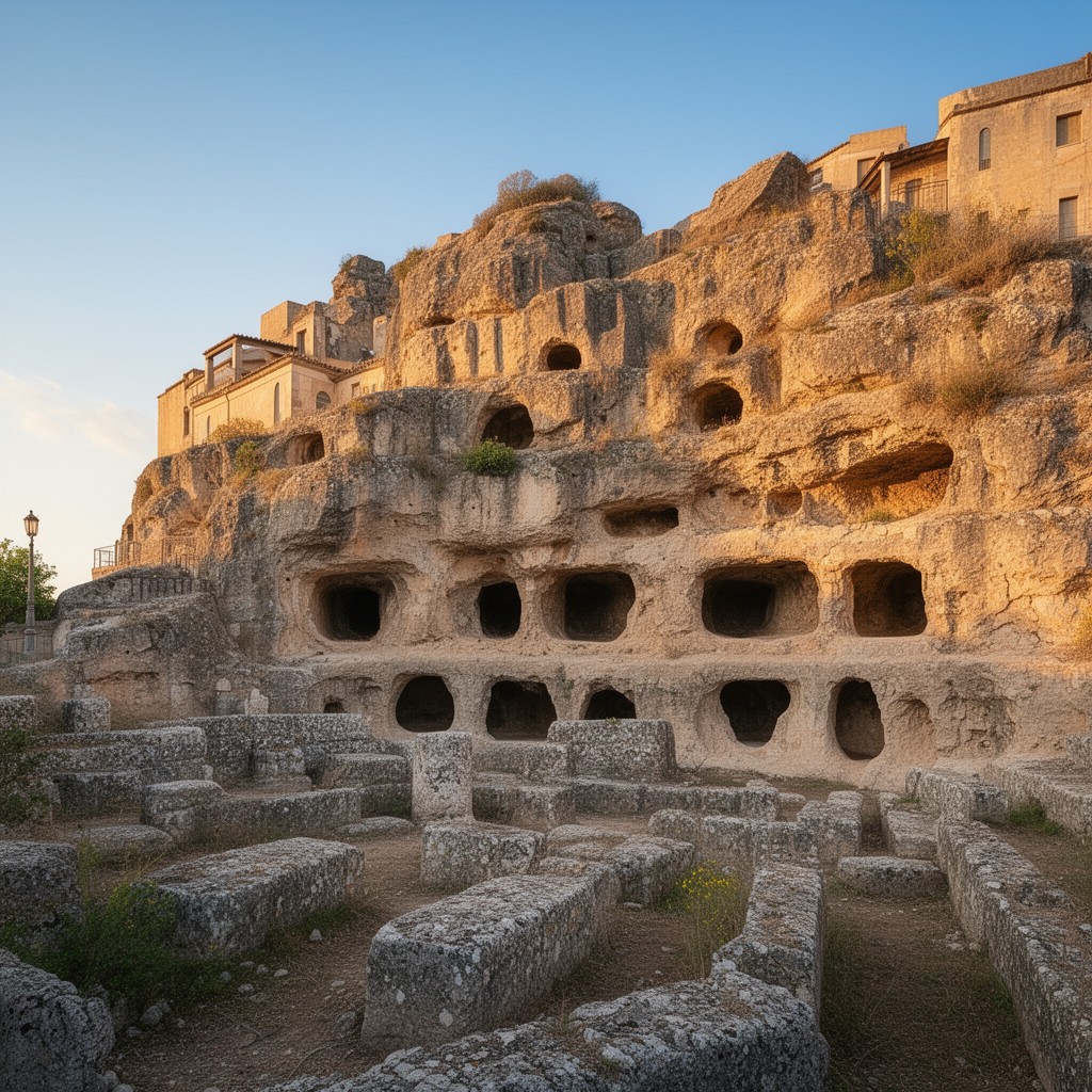AI-generated illustration of Syracuse and the Rocky Necropolis of Pantalica