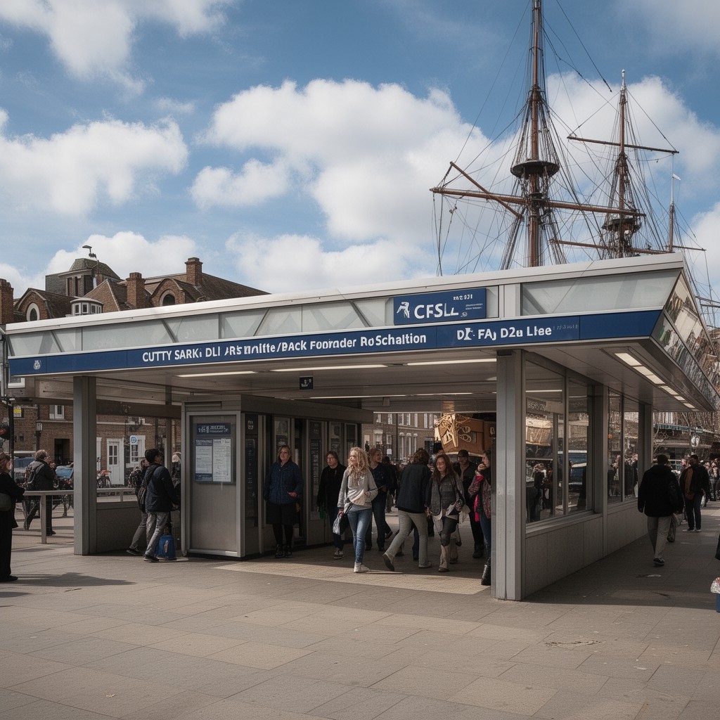 AI-generated illustration of Cutty Sark DLR station