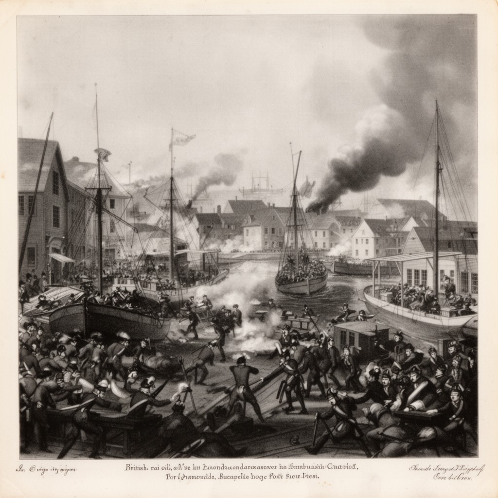AI-generated illustration of British raid on New London, Connecticut