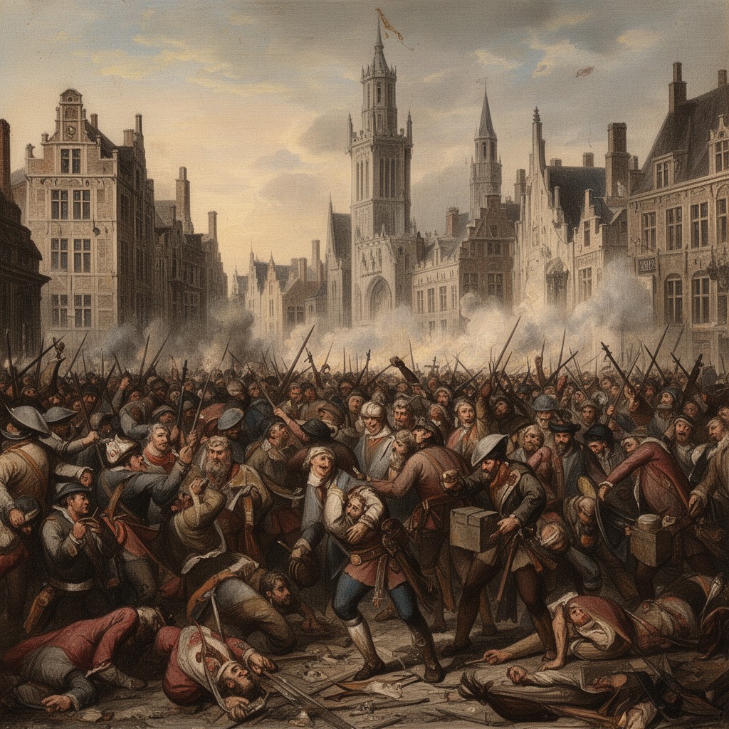 AI-generated illustration of Spanish Fury (1576) in Antwerp