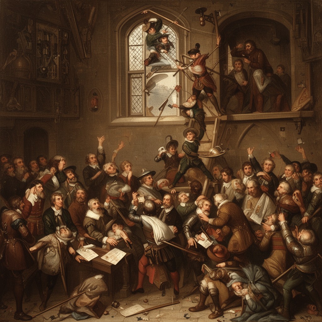 AI-generated illustration of Defenestration of Prague (1618)