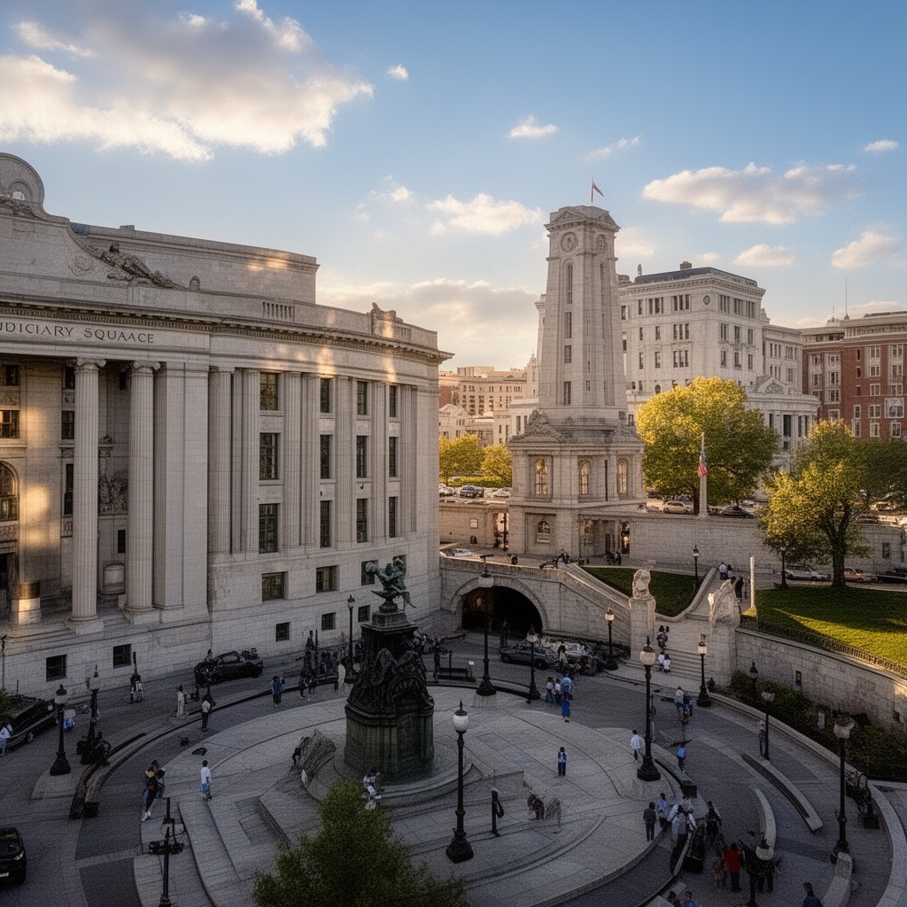 AI-generated illustration of Judiciary Square buildings, Washington, D.C.