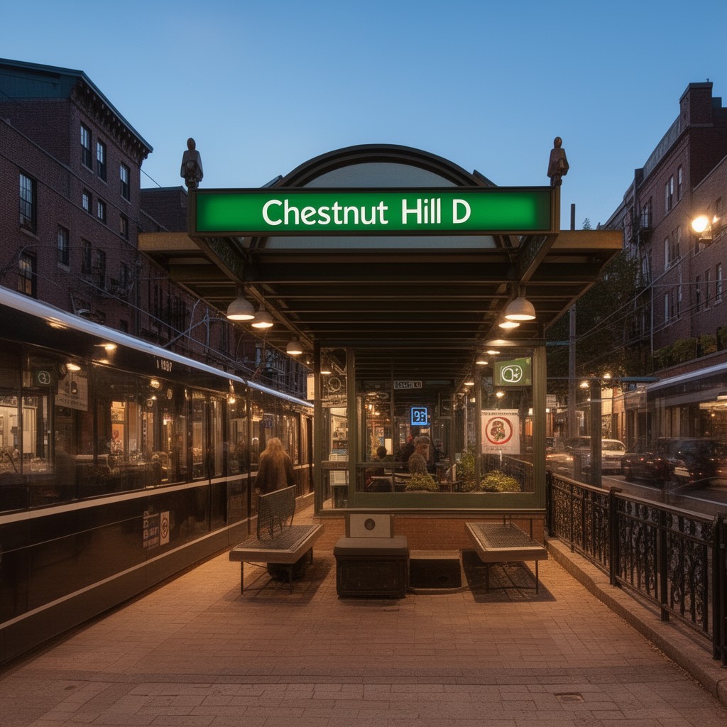 AI-generated illustration of Chestnut Hill station (MBTA Green Line D)