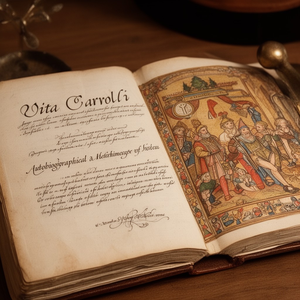 AI-generated illustration of autobiographical writings (Vita Caroli)