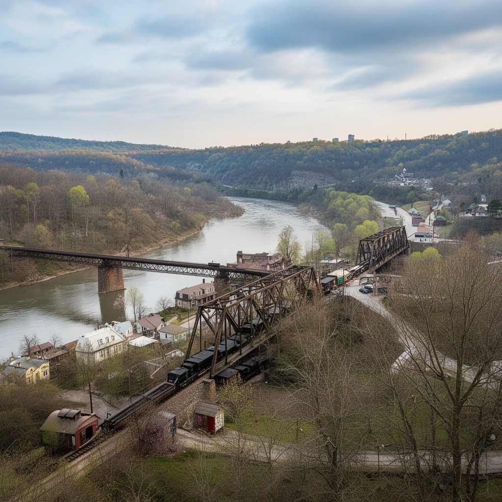 AI-generated illustration of Harpers Ferry railroad bridge over Potomac River