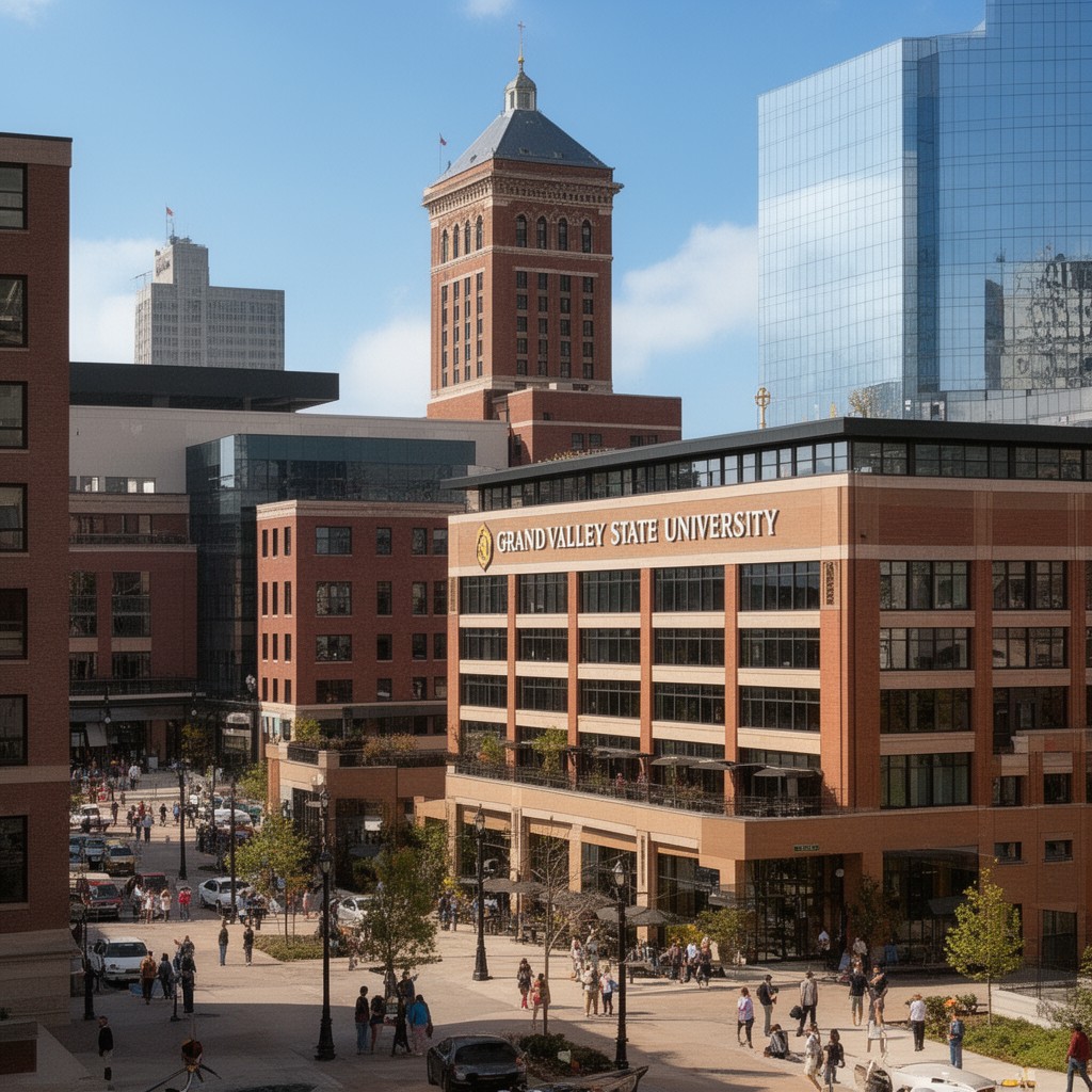AI-generated illustration of Grand Valley State University (downtown campus)