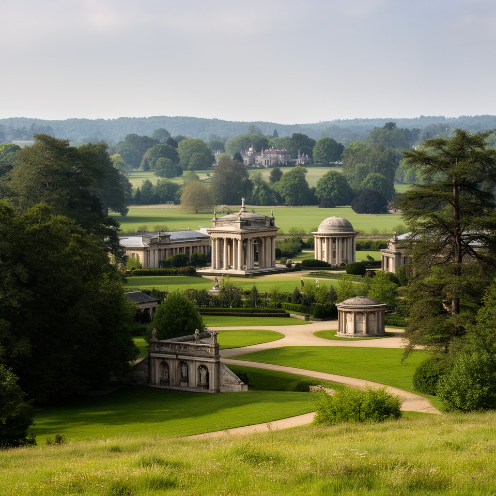 AI-generated illustration of Stowe landscape gardens