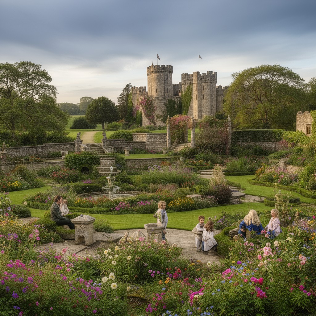 AI-generated illustration of Alnwick Castle grounds