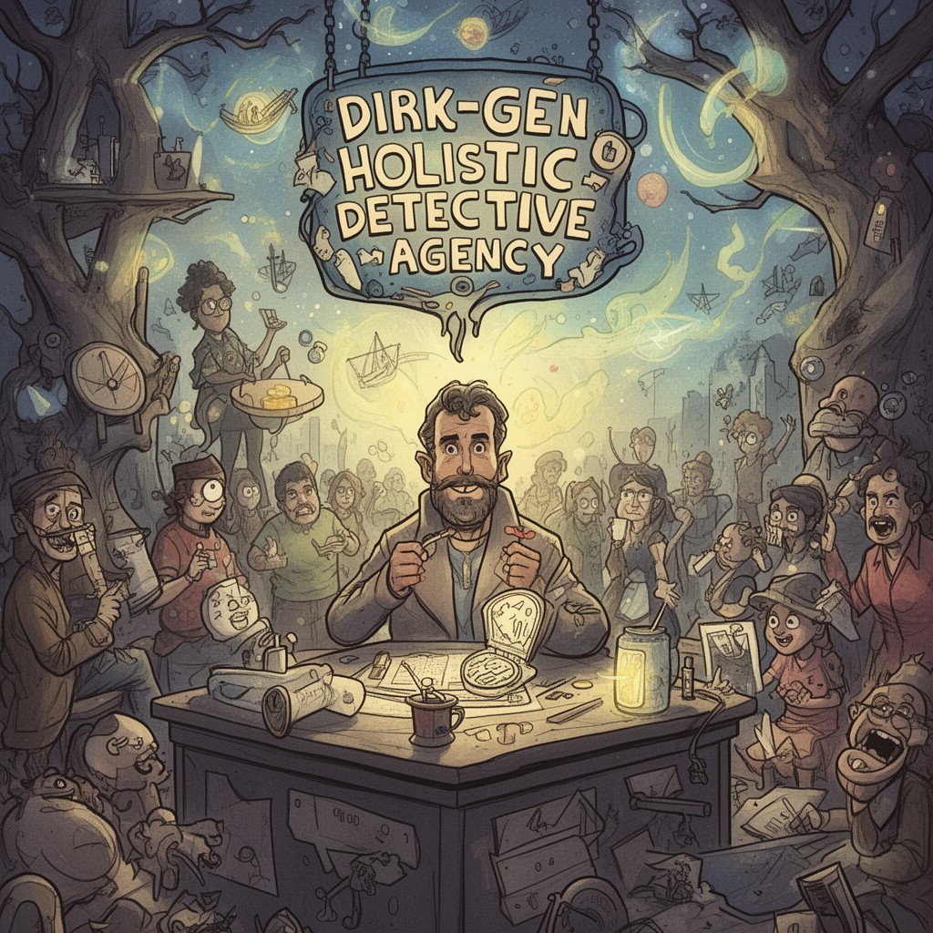 AI-generated illustration of Dirk Gently's Holistic Detective Agency