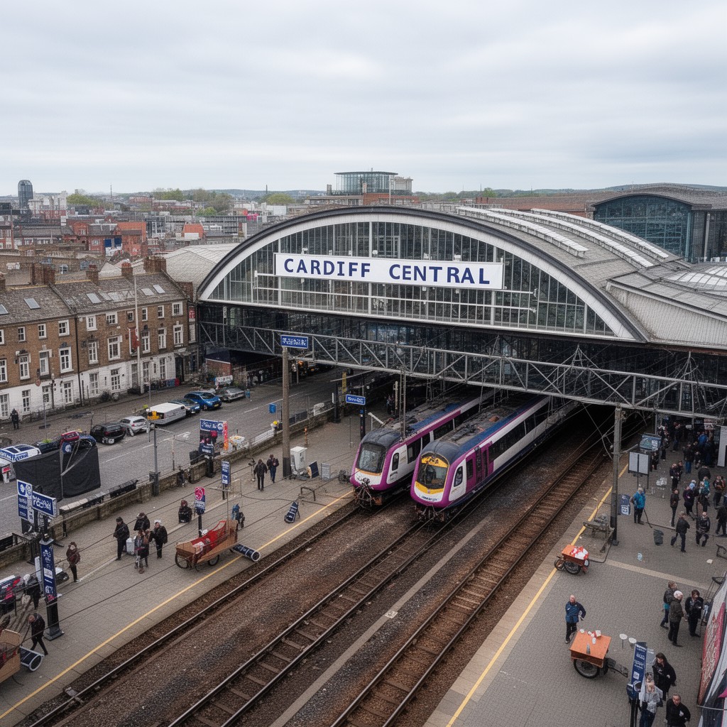 AI-generated illustration of Cardiff Central railway station