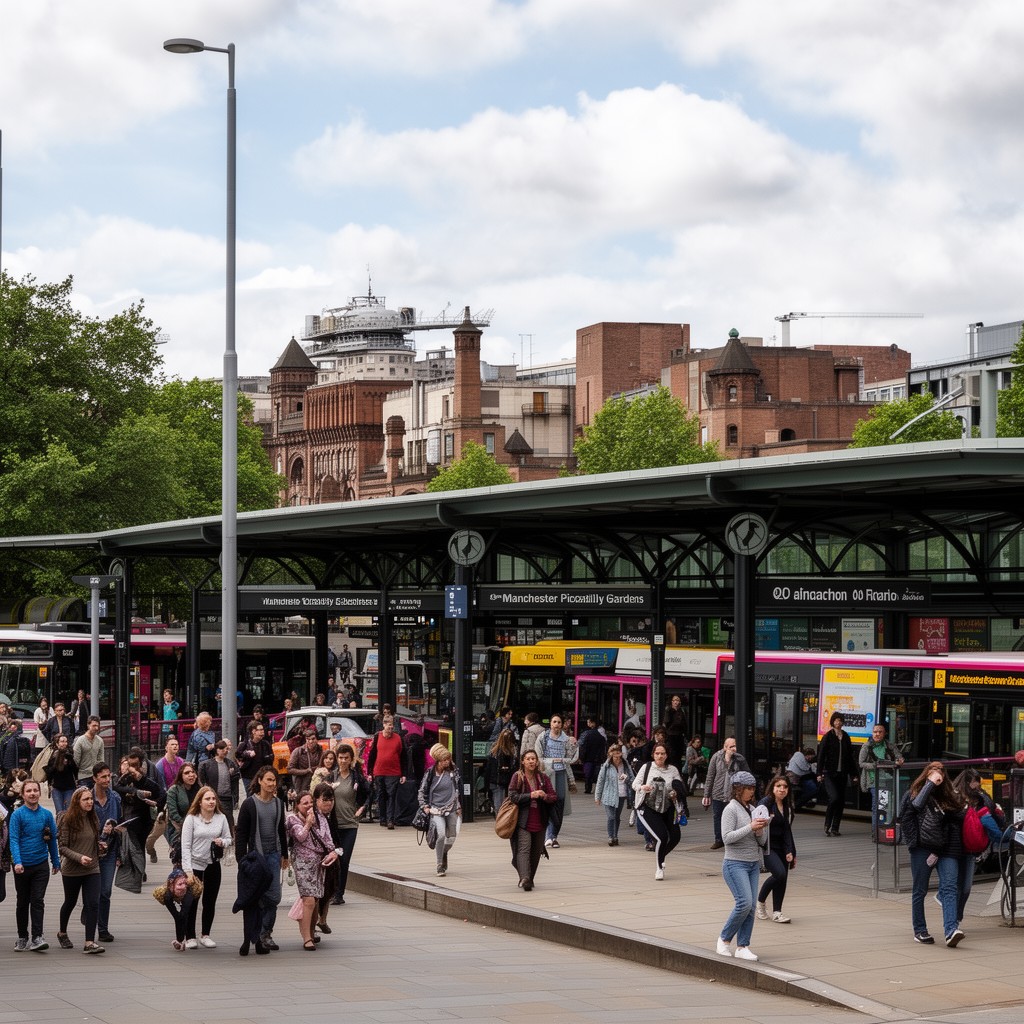 AI-generated illustration of Manchester Piccadilly Gardens bus station