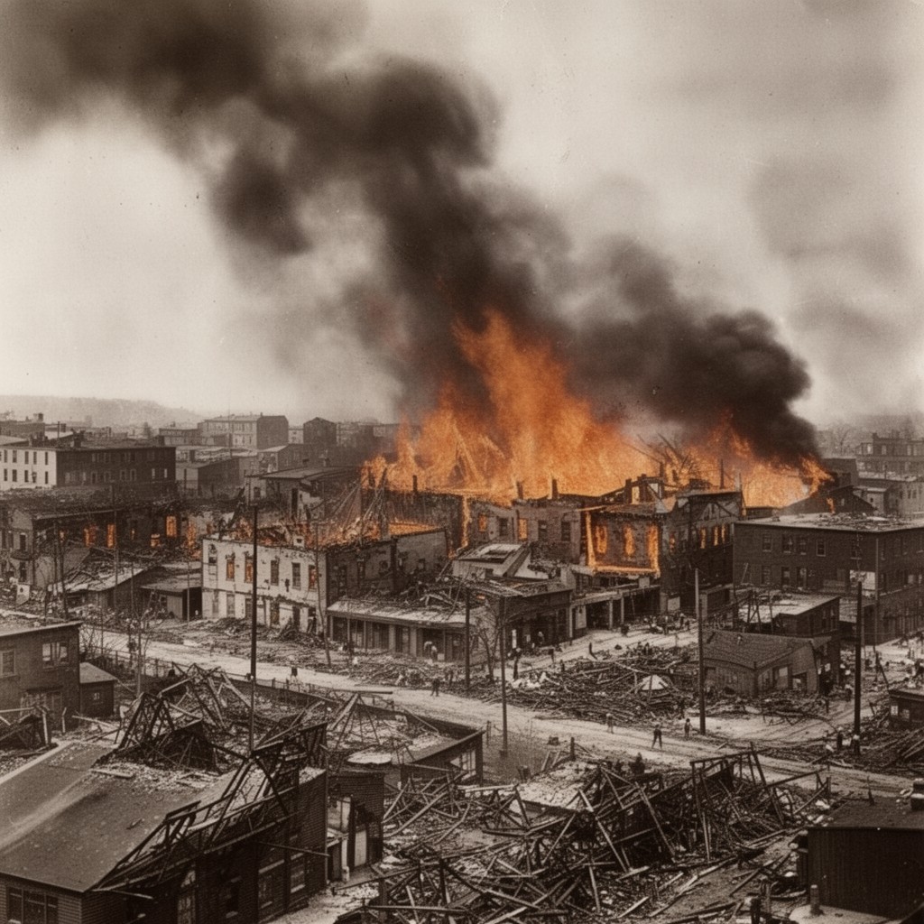 AI-generated illustration of Great Fire of Portland 1866