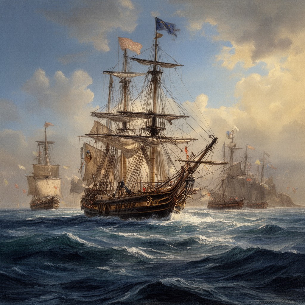 AI-generated illustration of HMS Victory, off Cape Trafalgar, Spain