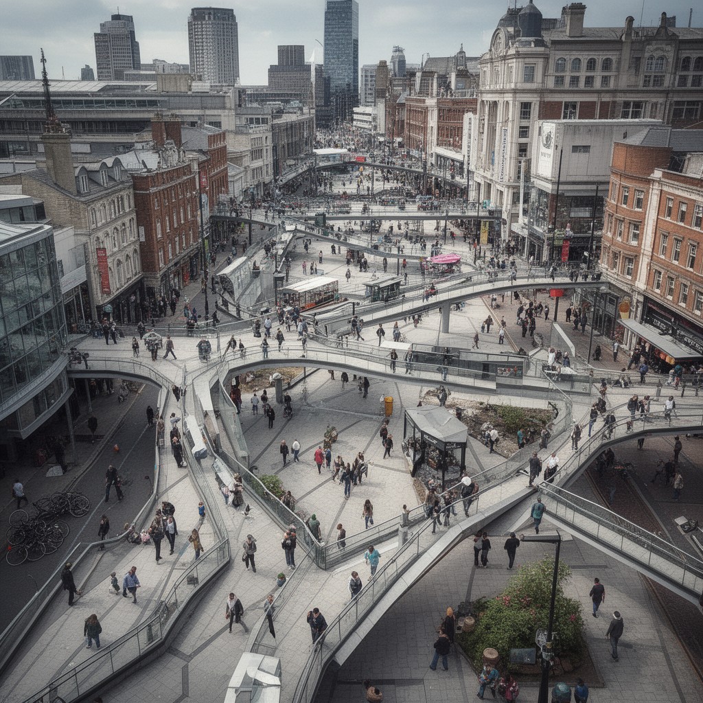 AI-generated illustration of Birmingham city centre pedestrian network