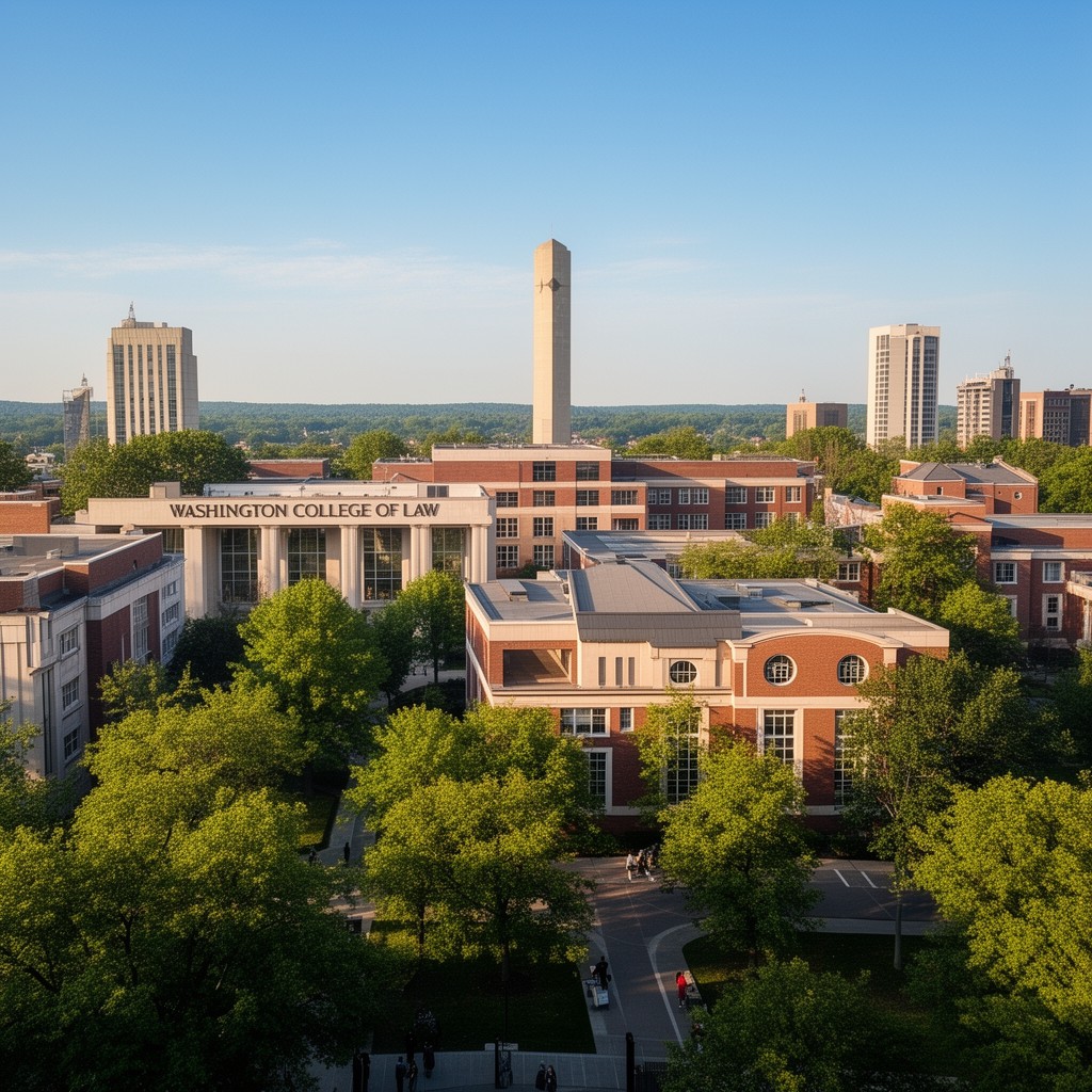 AI-generated illustration of Washington College of Law campus at Tenleytown