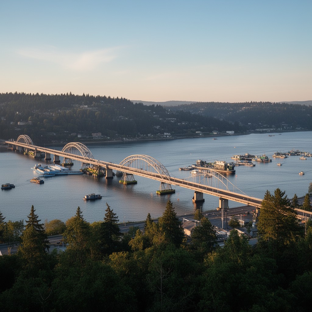 AI-generated illustration of State Route 520 floating bridge nearby
