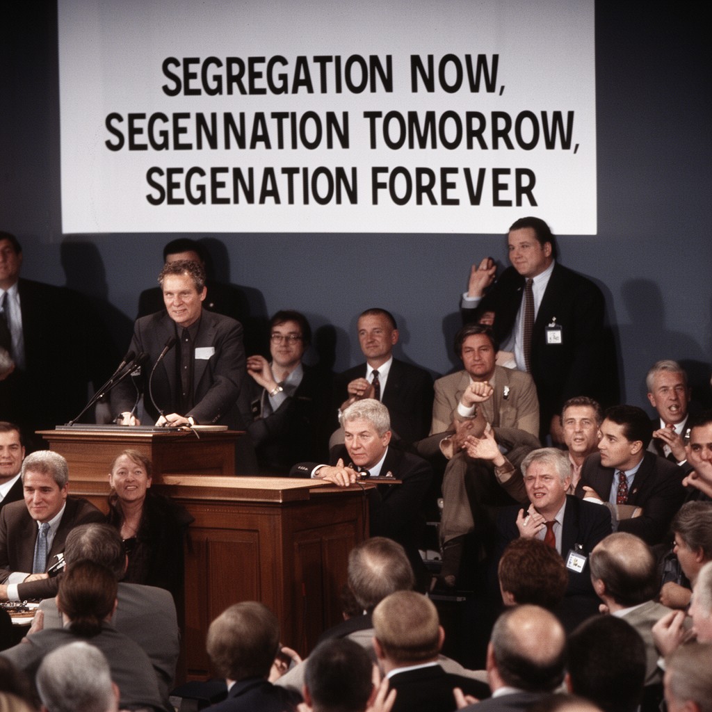 AI-generated illustration of "Segregation now, segregation tomorrow, segregation forever" speech