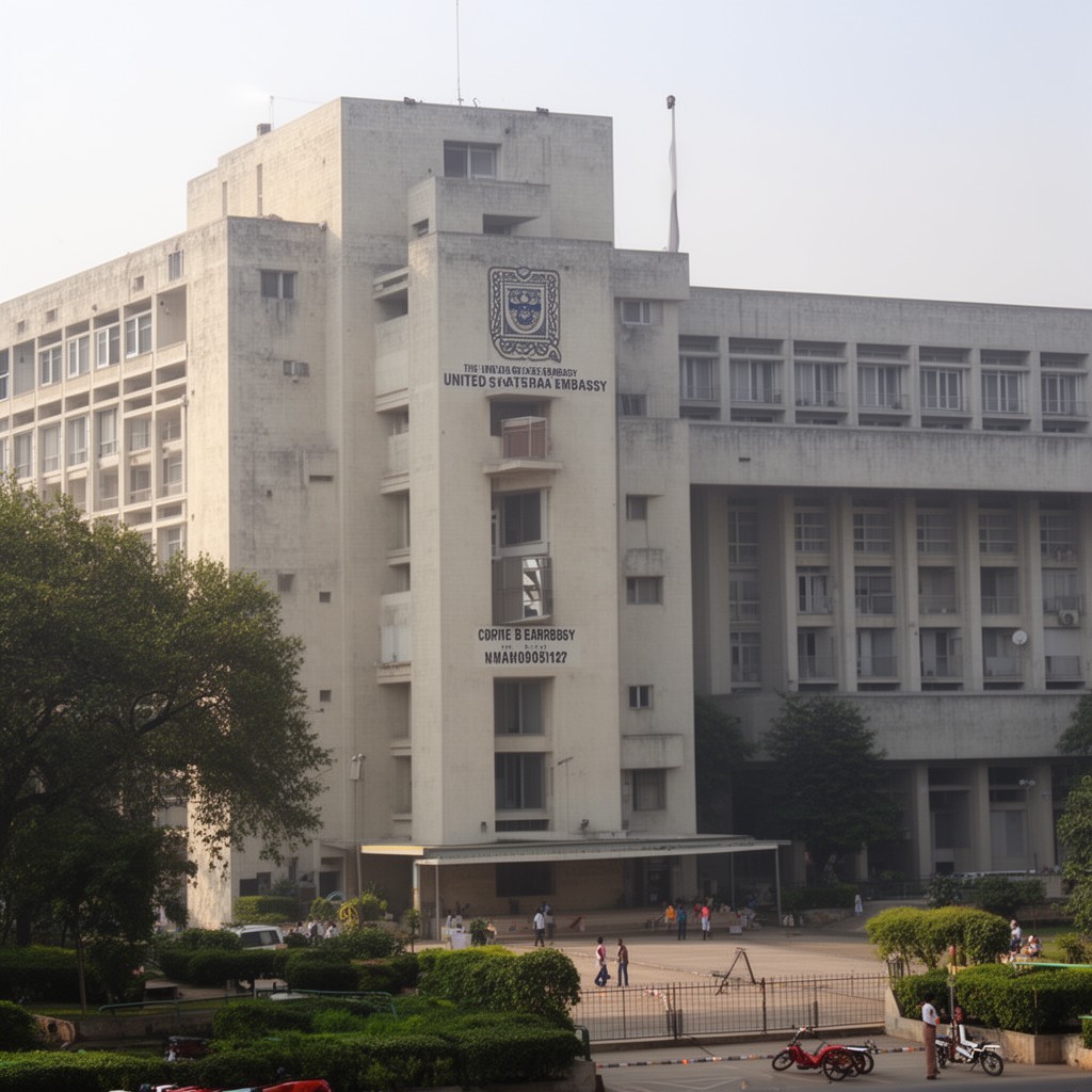 AI-generated illustration of United States Embassy chancery in New Delhi (1954–1959)