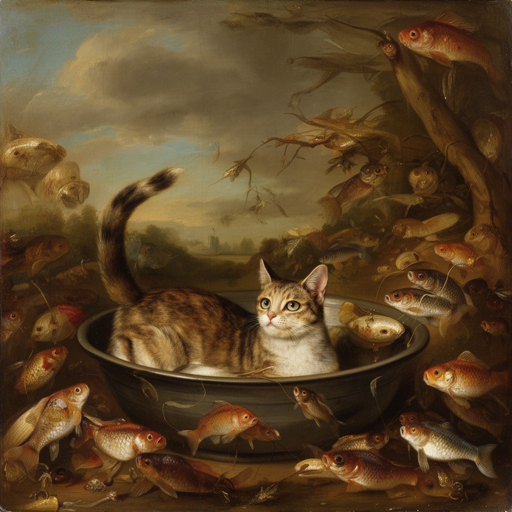 AI-generated illustration of Ode on the Death of a Favourite Cat, Drowned in a Tub of Gold Fishes