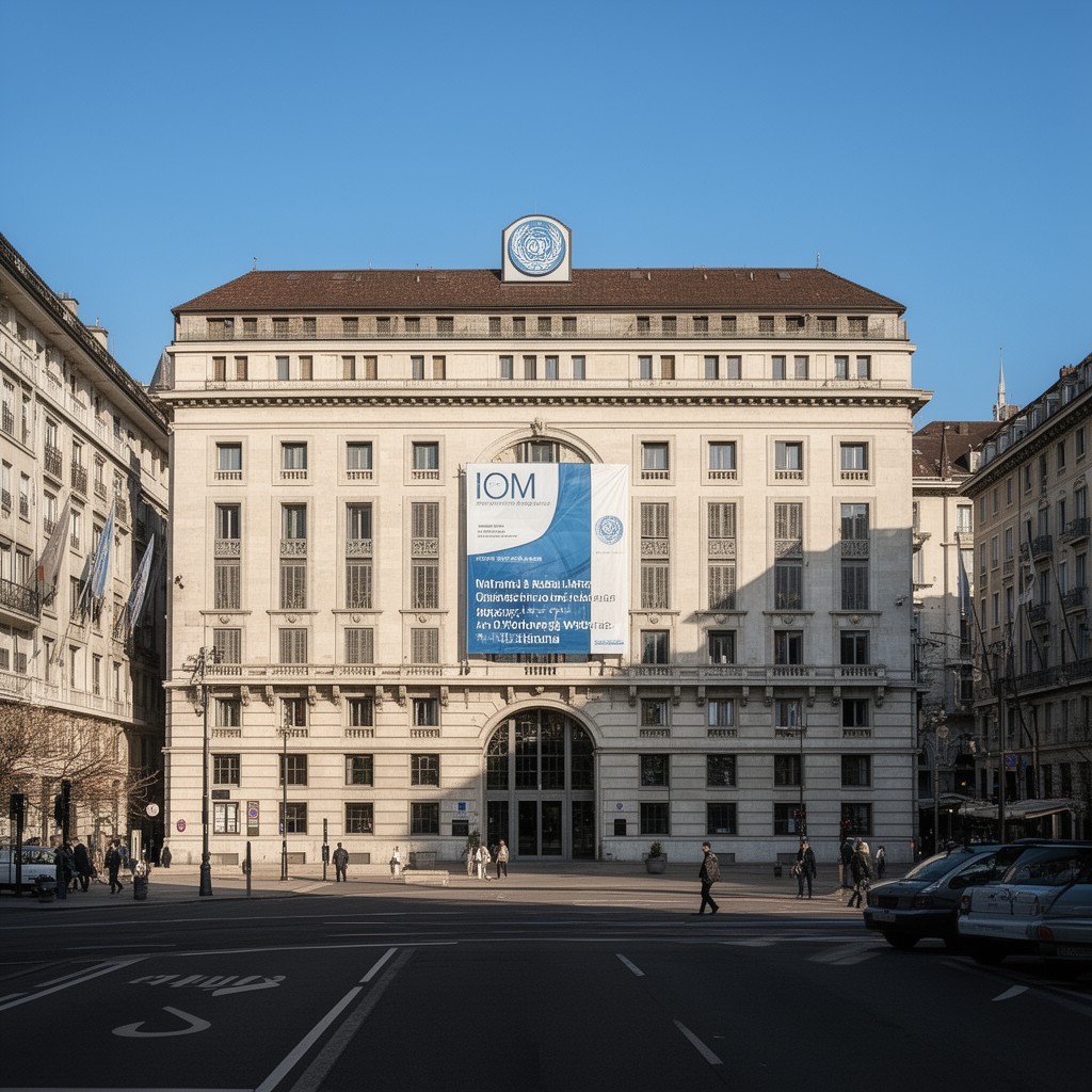 AI-generated illustration of IOM Headquarters, Geneva, Switzerland