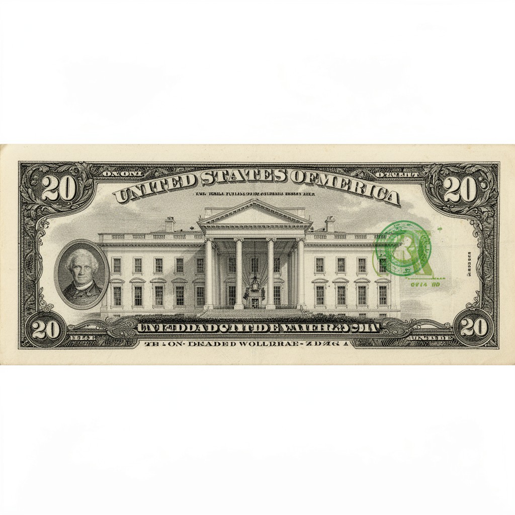 AI-generated illustration of United States twenty-dollar bill reverse (historical designs)