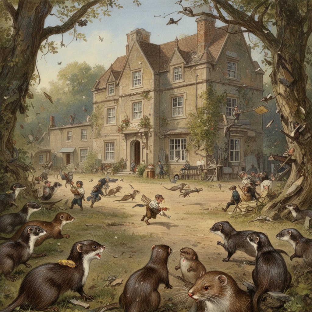 AI-generated illustration of Toad Hall is taken over by weasels and stoats
