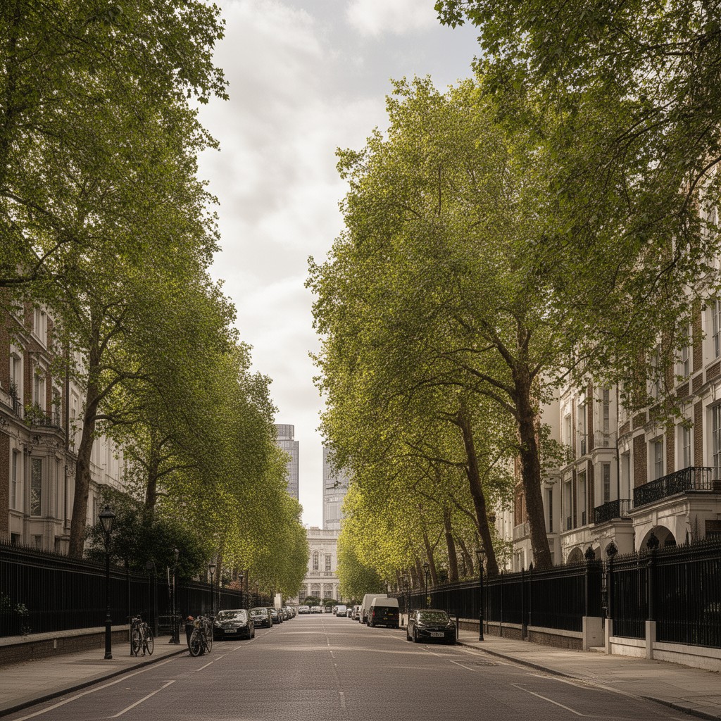 AI-generated illustration of Kensington Palace Gardens (street of embassies and residences nearby)